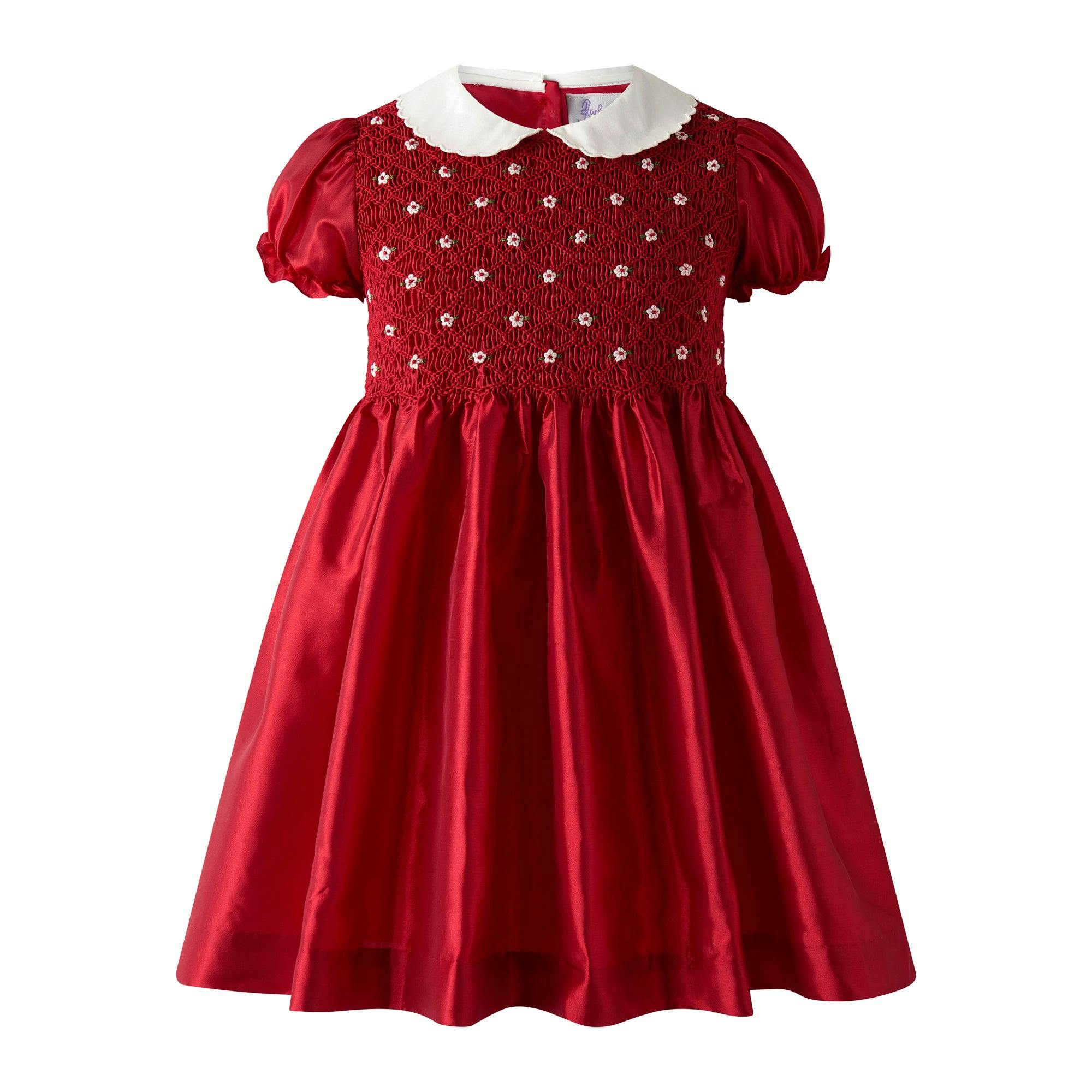 Red Taffeta Rosebud Smocked Dress