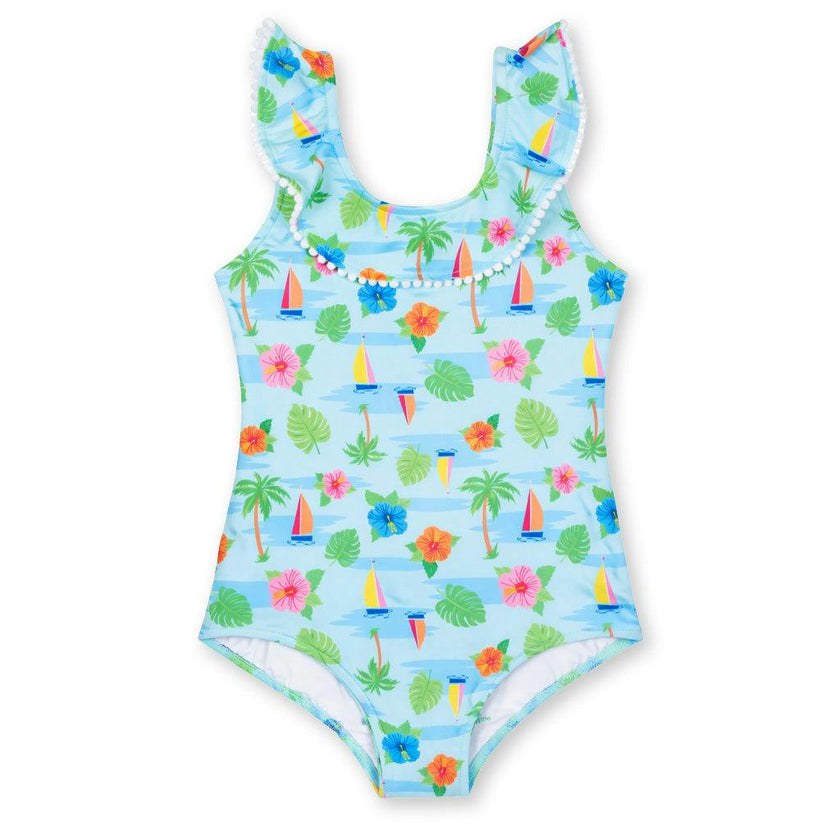 Tropical Print Ruffle Neck Swimsuit
