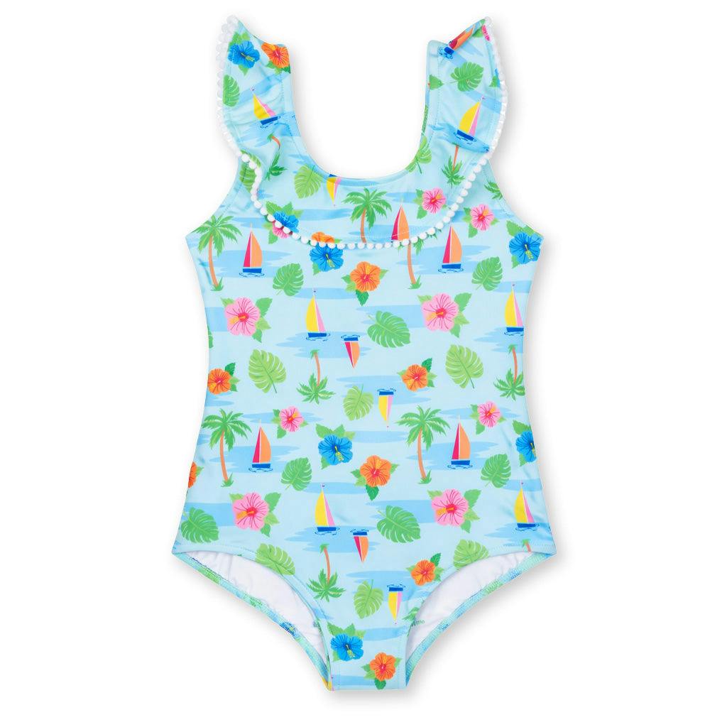 Tropical Print Ruffle Neck Swimsuit