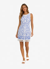 Janie Coastal Blue Scroll Embroidery Mini Dress