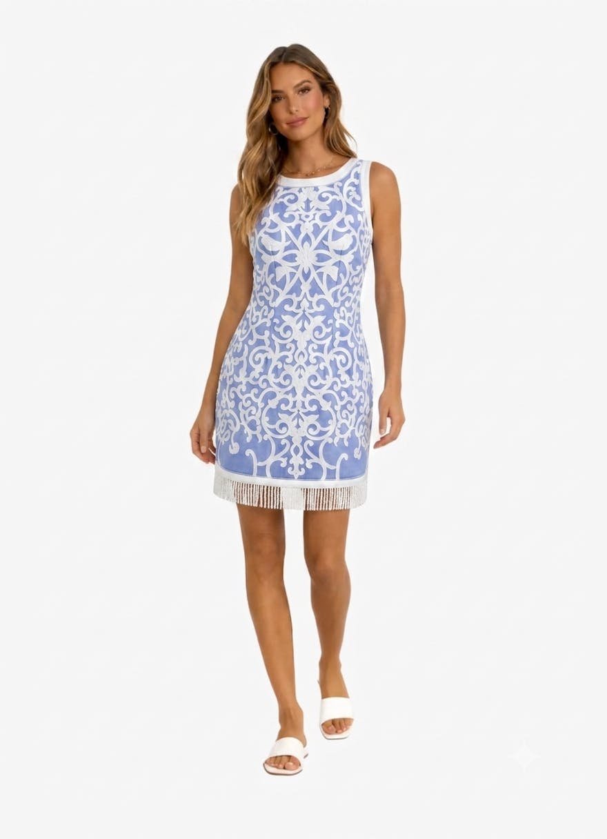Janie Coastal Blue Scroll Embroidery Mini Dress