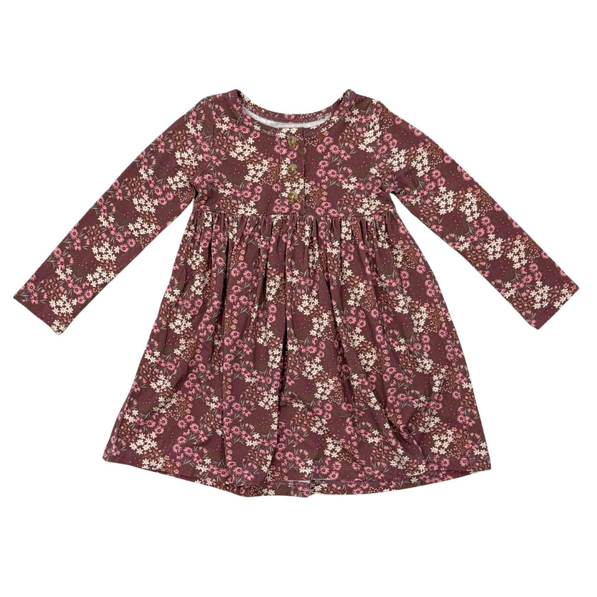 Girls Long Sleeve Henley Dress in Cluster Garden Floral