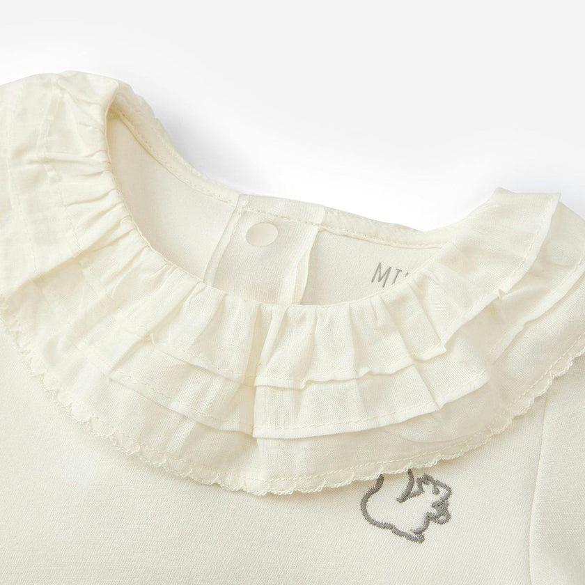 White Brushed Ruffled Collar Long Sleeve One Piece