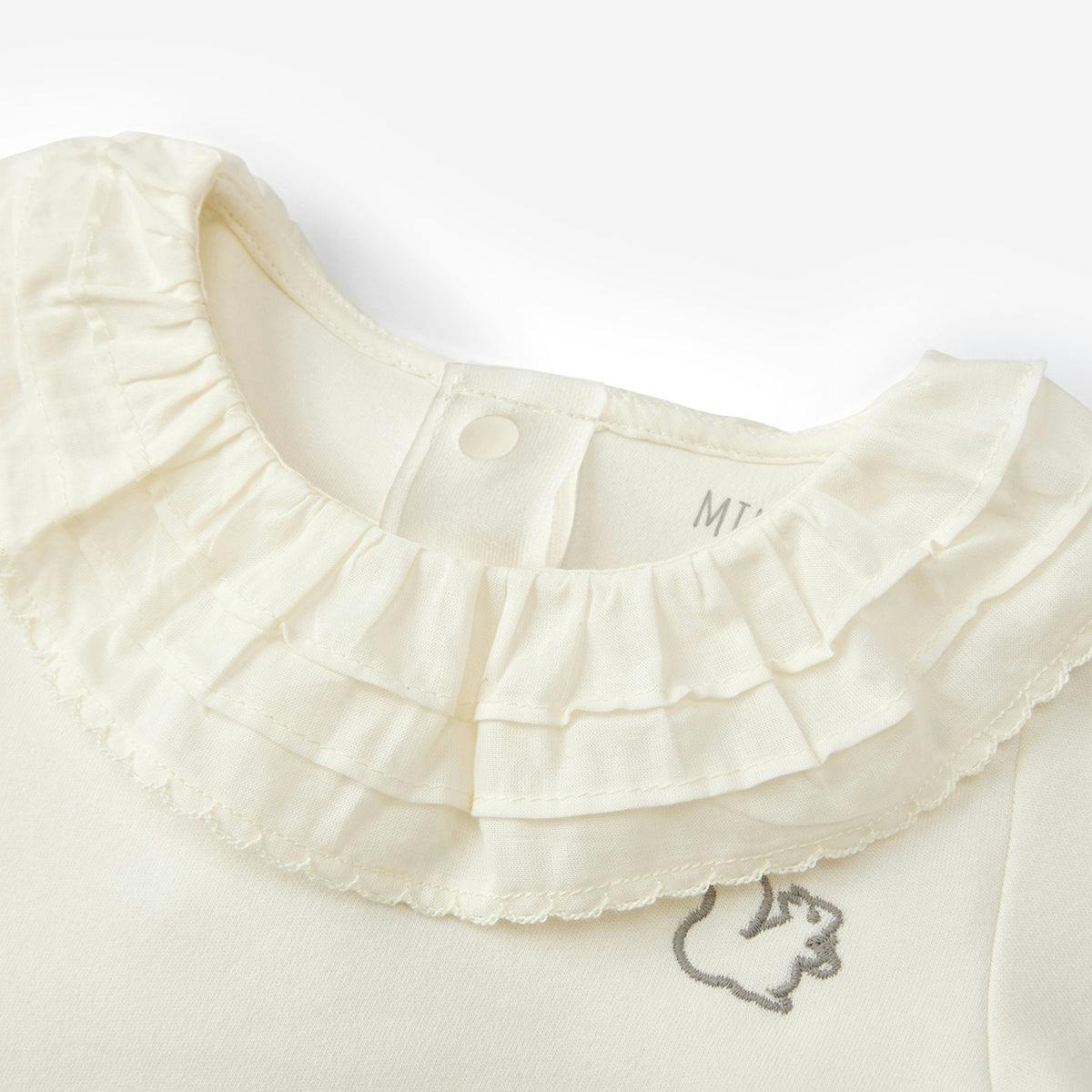 White Brushed Ruffled Collar Long Sleeve One Piece
