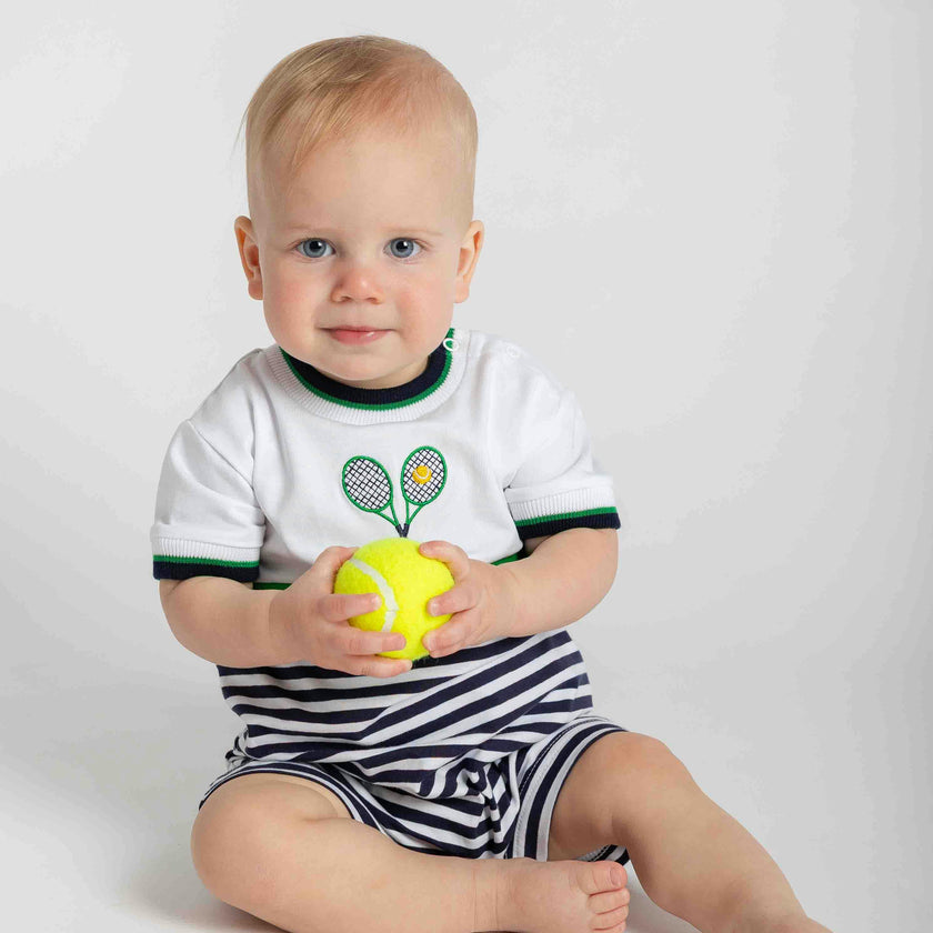 Stripe Knit Shortall with Tennis Rackets