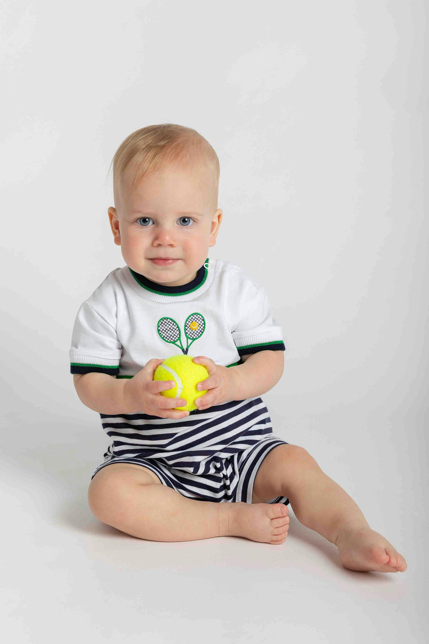 Stripe Knit Shortall with Tennis Rackets