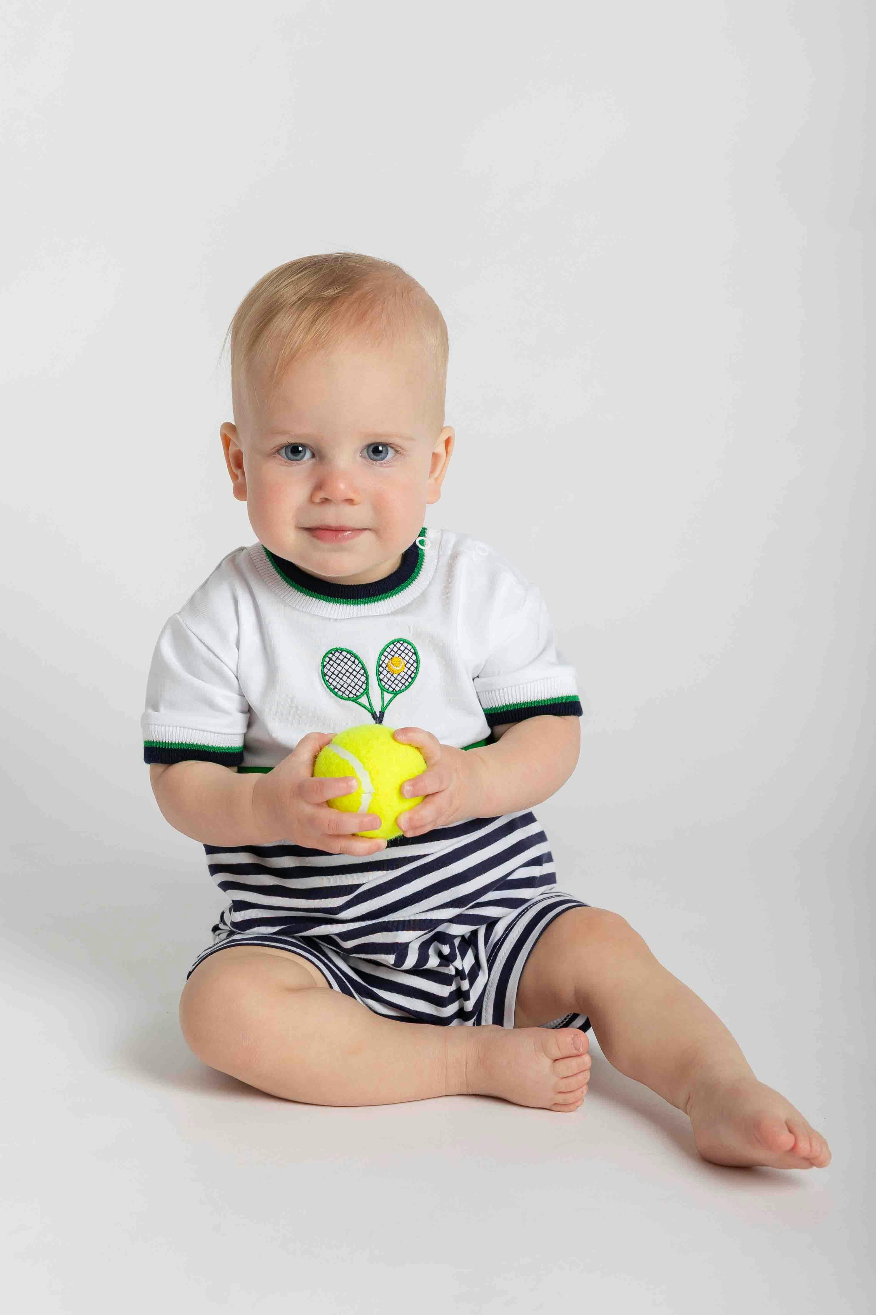 Stripe Knit Shortall with Tennis Rackets