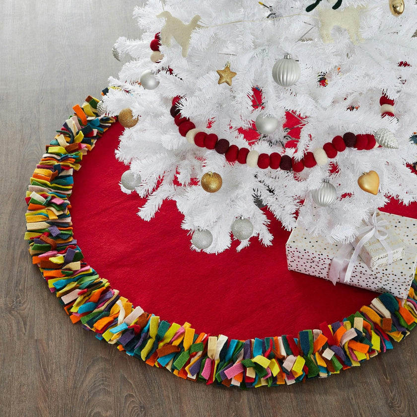 Handmade Felt Multicolor Fringe Border Red Wool Christmas Tree Skirt