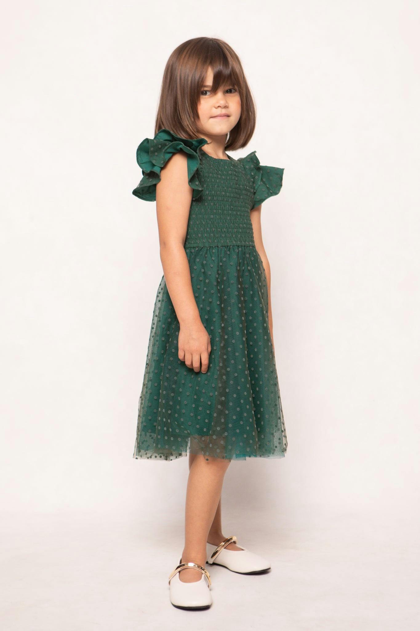 Mini Hattie Dress in Green Flocked Dot Tulle
