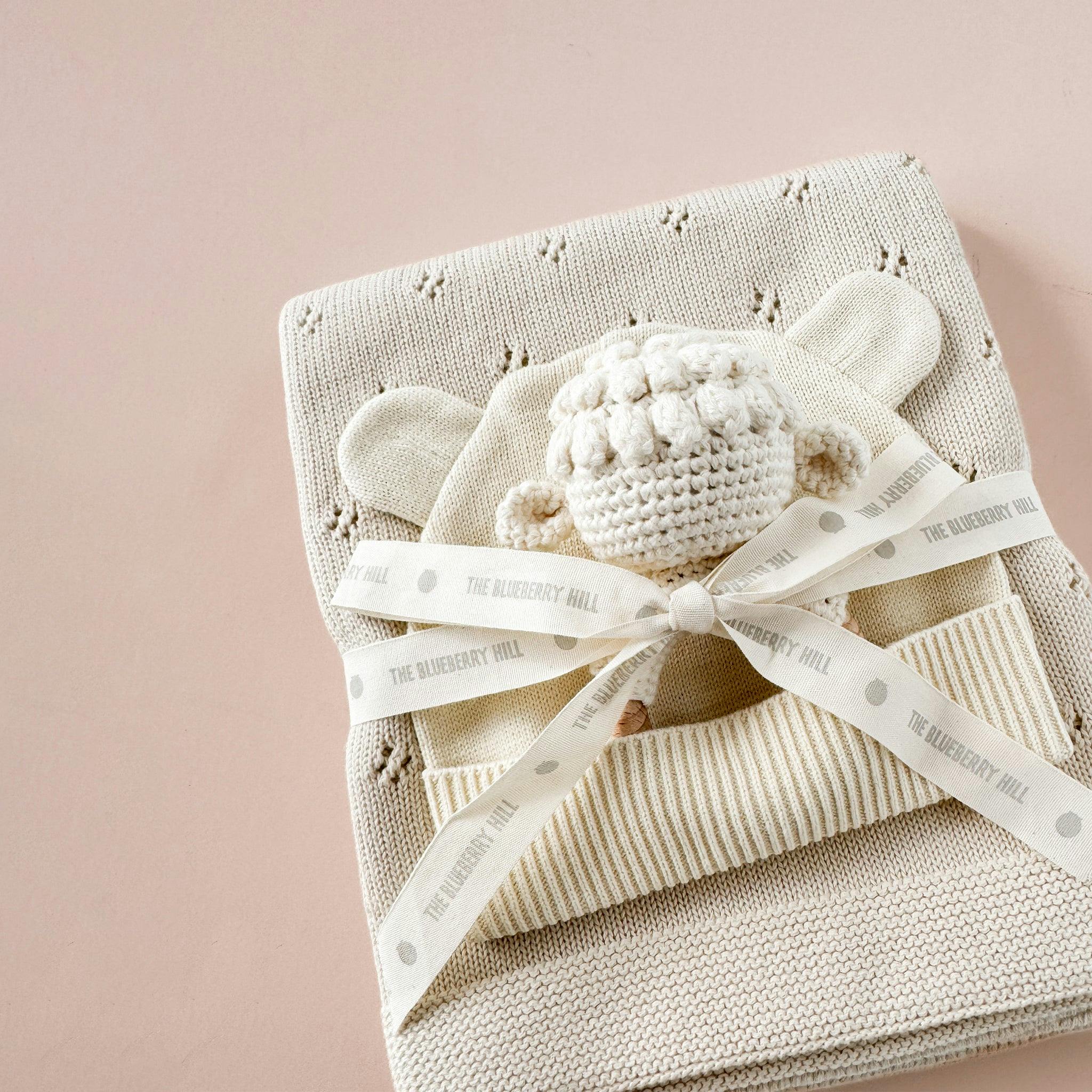 Pique Blanket Hat and Lamb Teether Gift Set