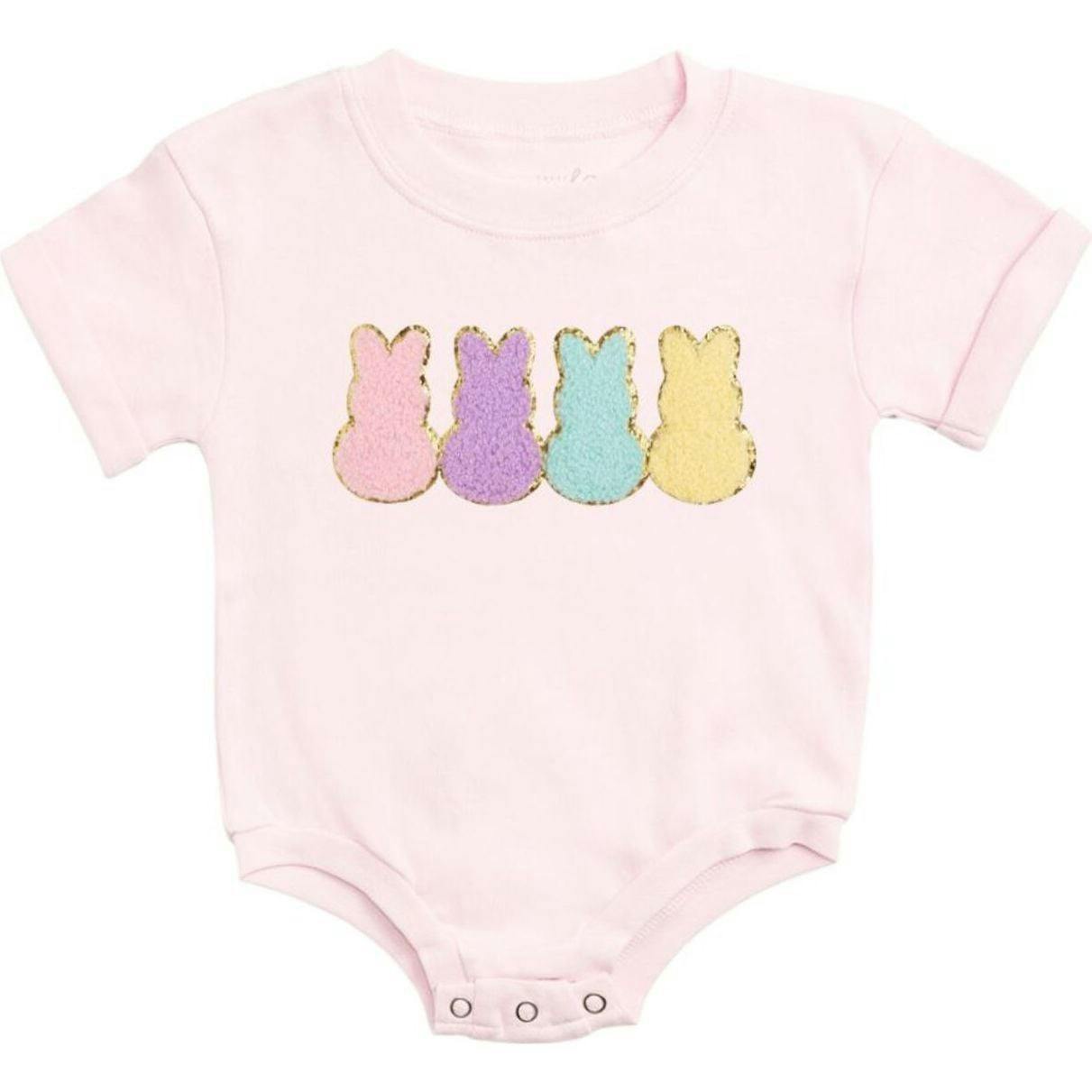 Easter Peeps Patch Short Sleeve Romper - Ballet