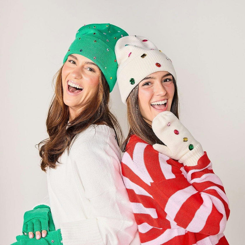 Packed Party Decked in Emerald Rhinestone Beanie and Mittens Set - Double-Layer Rib Knit with Multicolor Rhinestones and Fingerless Gloves, One Size Fits All