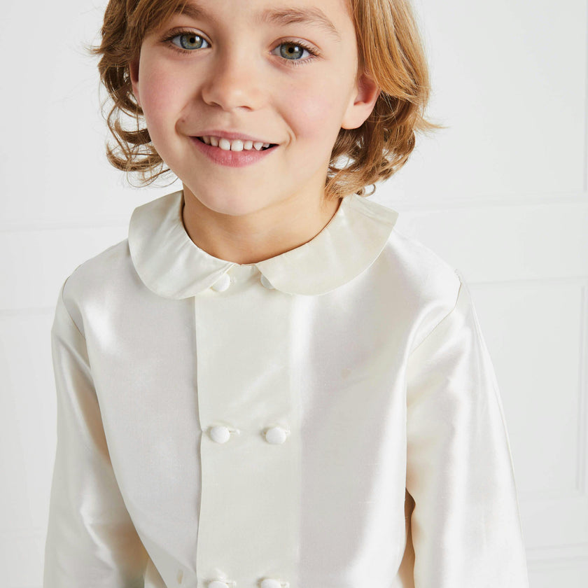 Boy's white double-breasted Peter Pan collar silk shirt (12mths-10yrs)