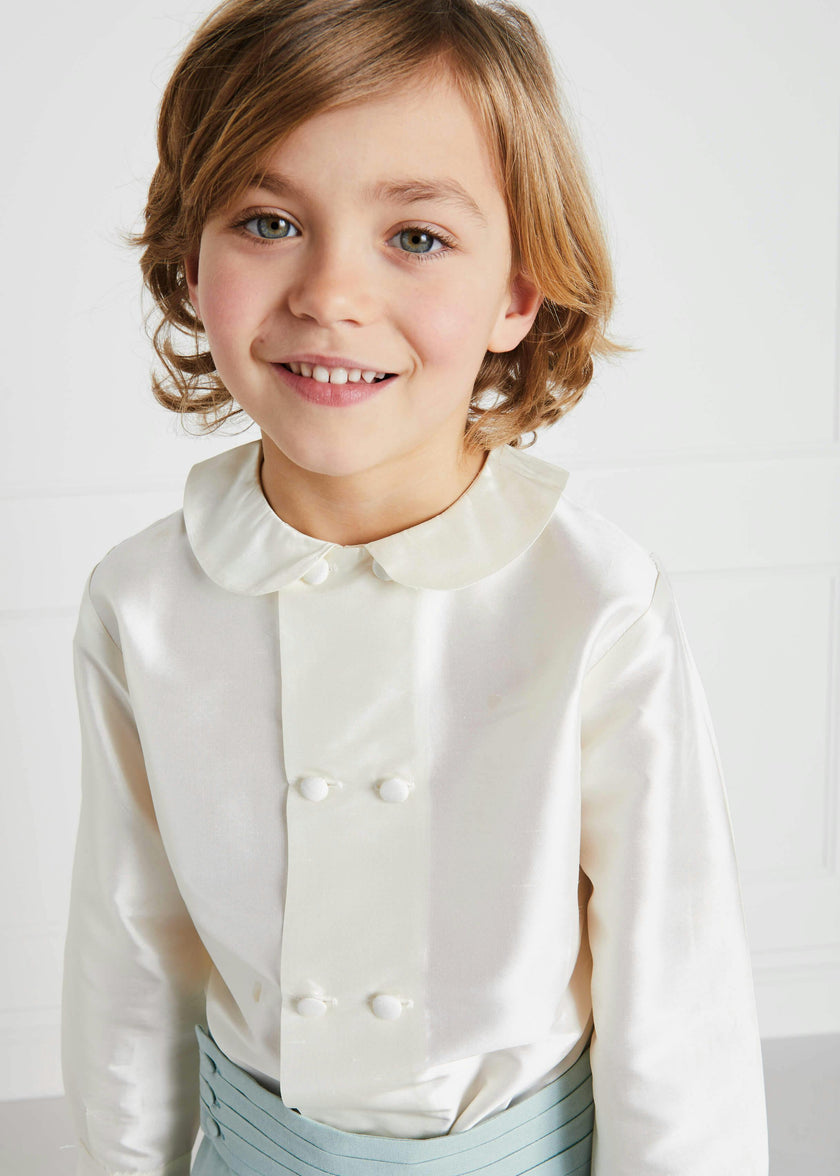 Boy's white double-breasted Peter Pan collar silk shirt (12mths-10yrs)