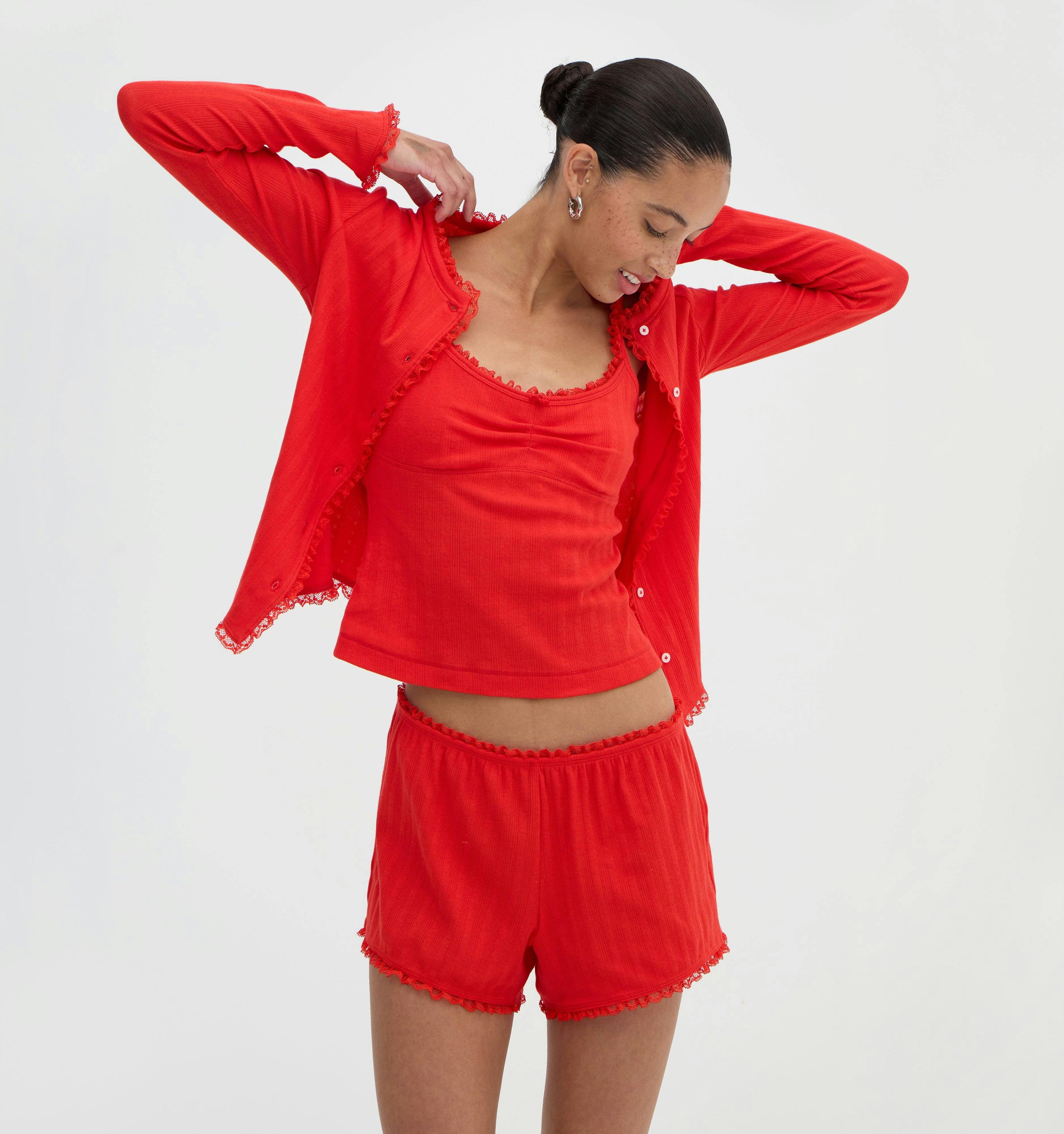 The Kaelie Pointelle Cardigan - Candy Apple Red