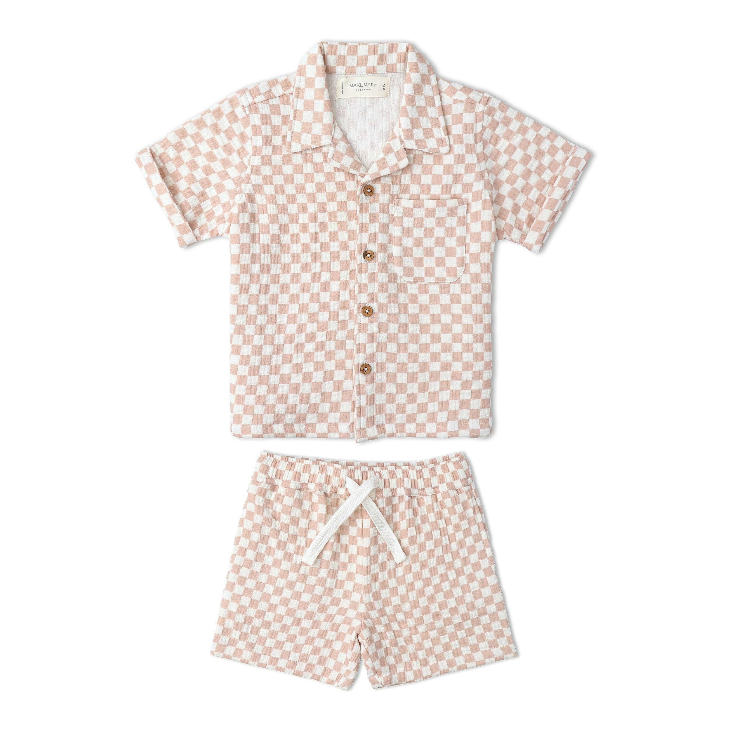 Organic Shirt & Shorts Set - Brick Checks