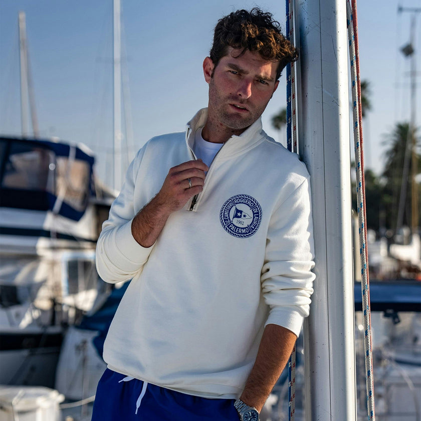 Unisex Palermo Quarter Zip - Cream Navy Organic Stretch Jersey Knit Cotton