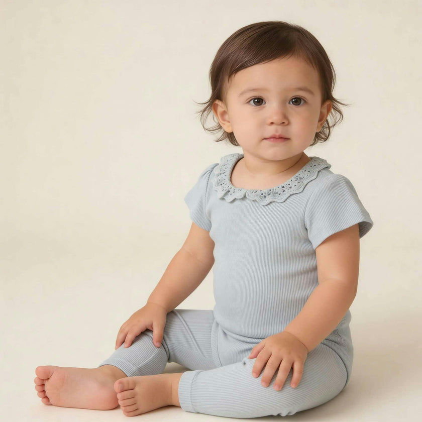 Organic Lace Collar Onesie & Tights Set - Fog