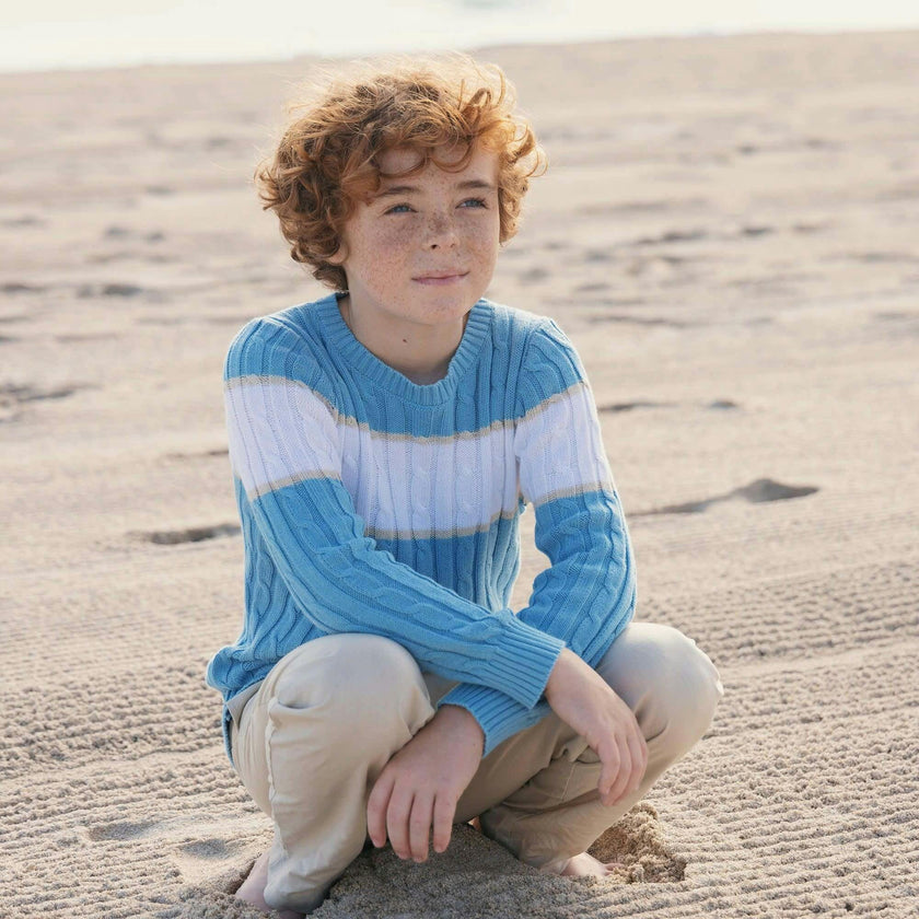 Organic Cable Crewneck Pullover Sweater, Blue