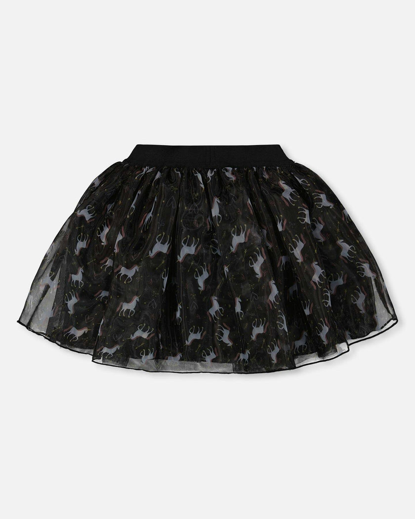 Organza and Mesh Skirt Black with Print