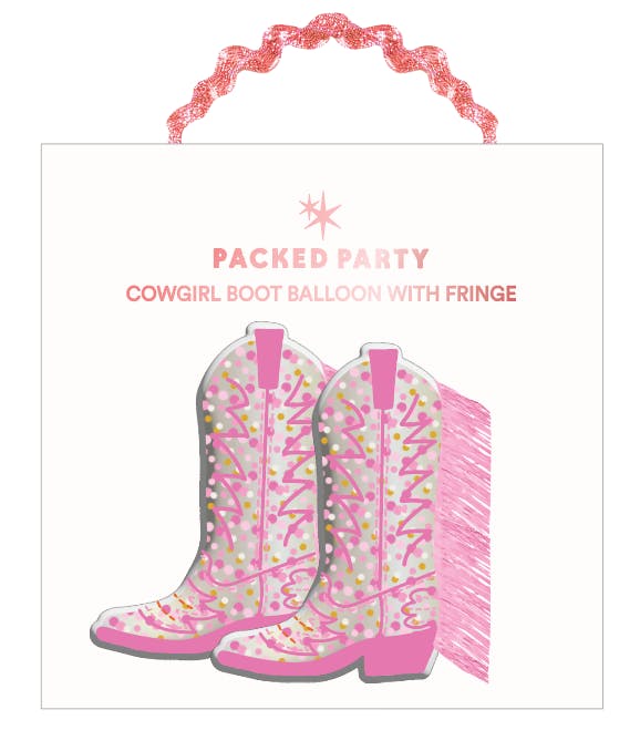 Packed Party Confetti and Fringe Cowboy Boot Mylar Balloons Set of 2 - 21-Inch Pink Boot-Shaped Balloons with Confetti Fill and Shiny Fringe Detailing