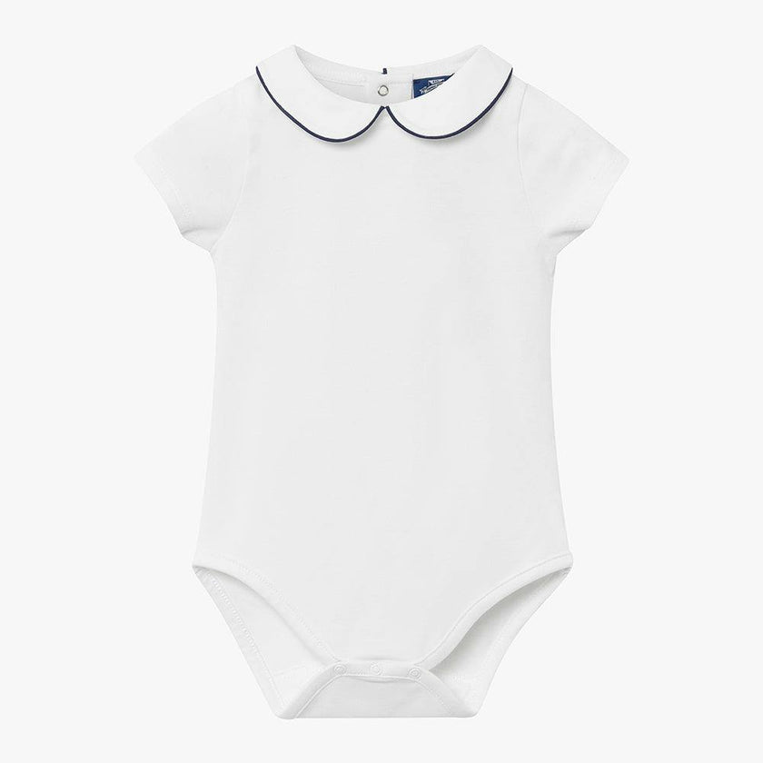 Baby Short-Sleeved Milo Bodysuit in White/Navy