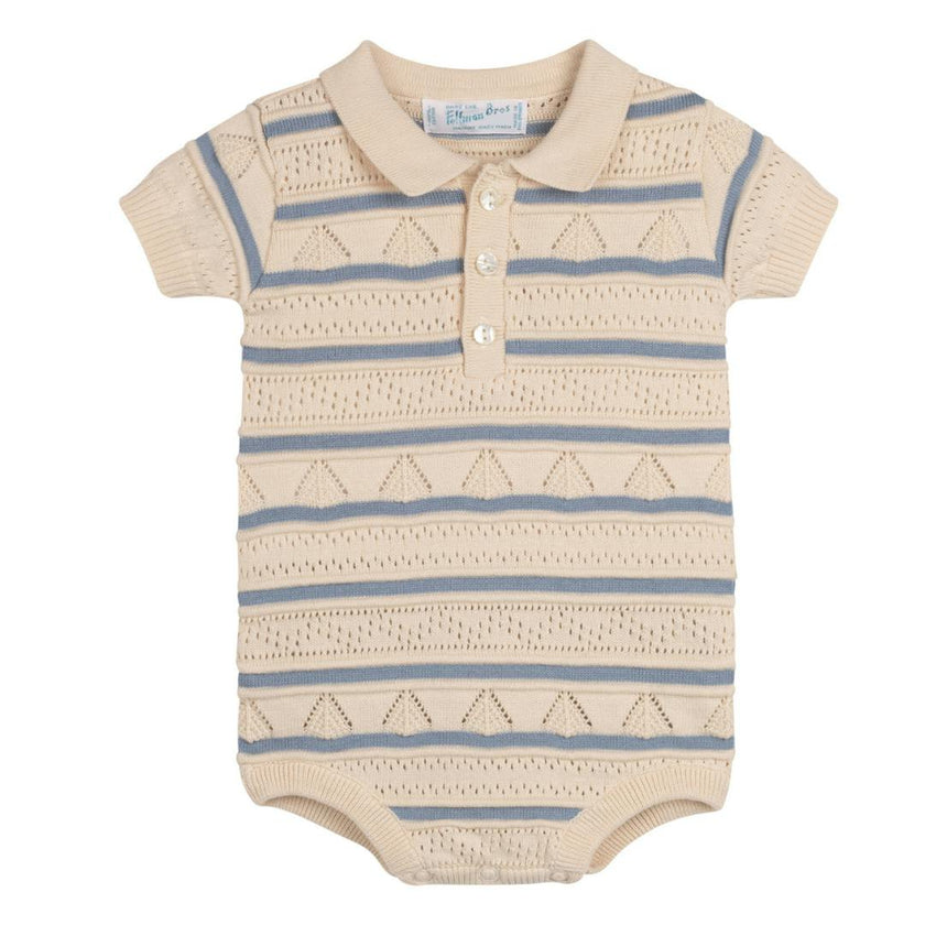 Boys Pointelle Striped Knit Romper Ecru