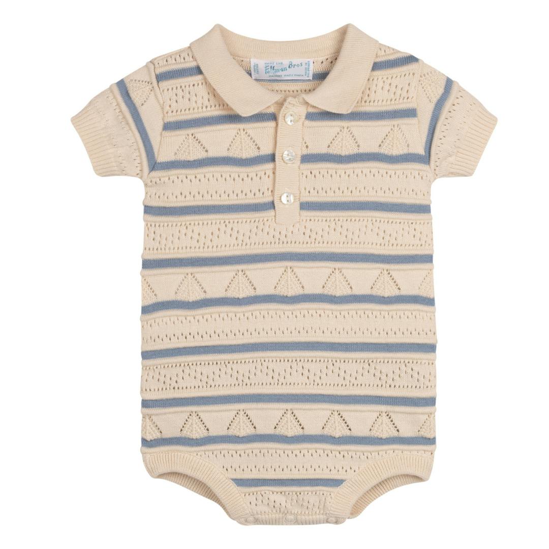 Boys Pointelle Striped Knit Romper Ecru