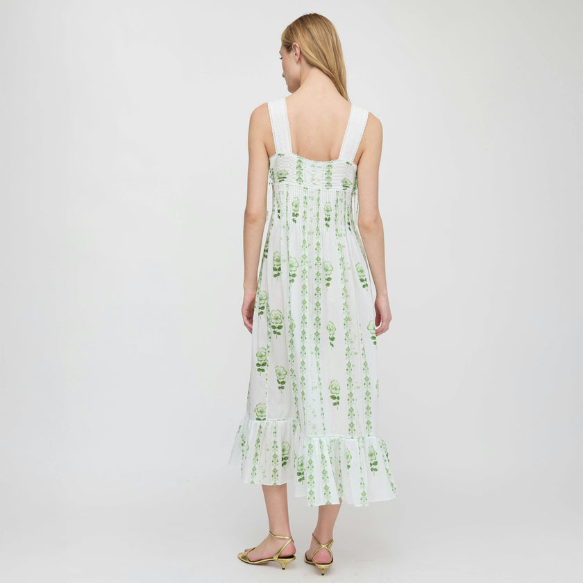 The Lux Nightgown - White/Green Arcadia Border