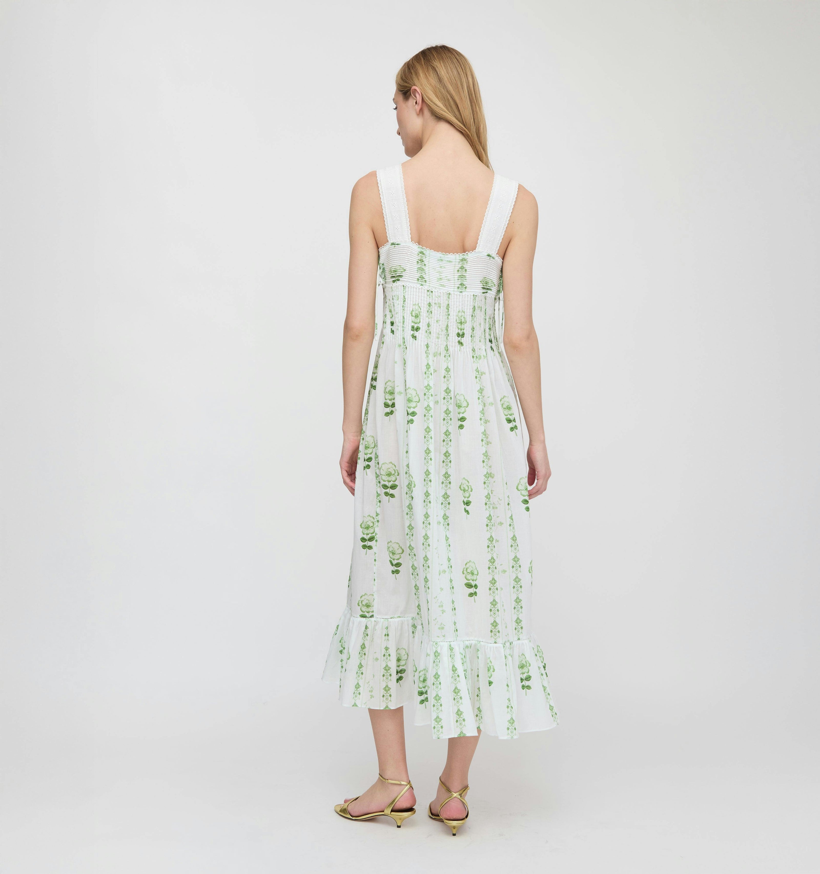 The Lux Nightgown - White/Green Arcadia Border