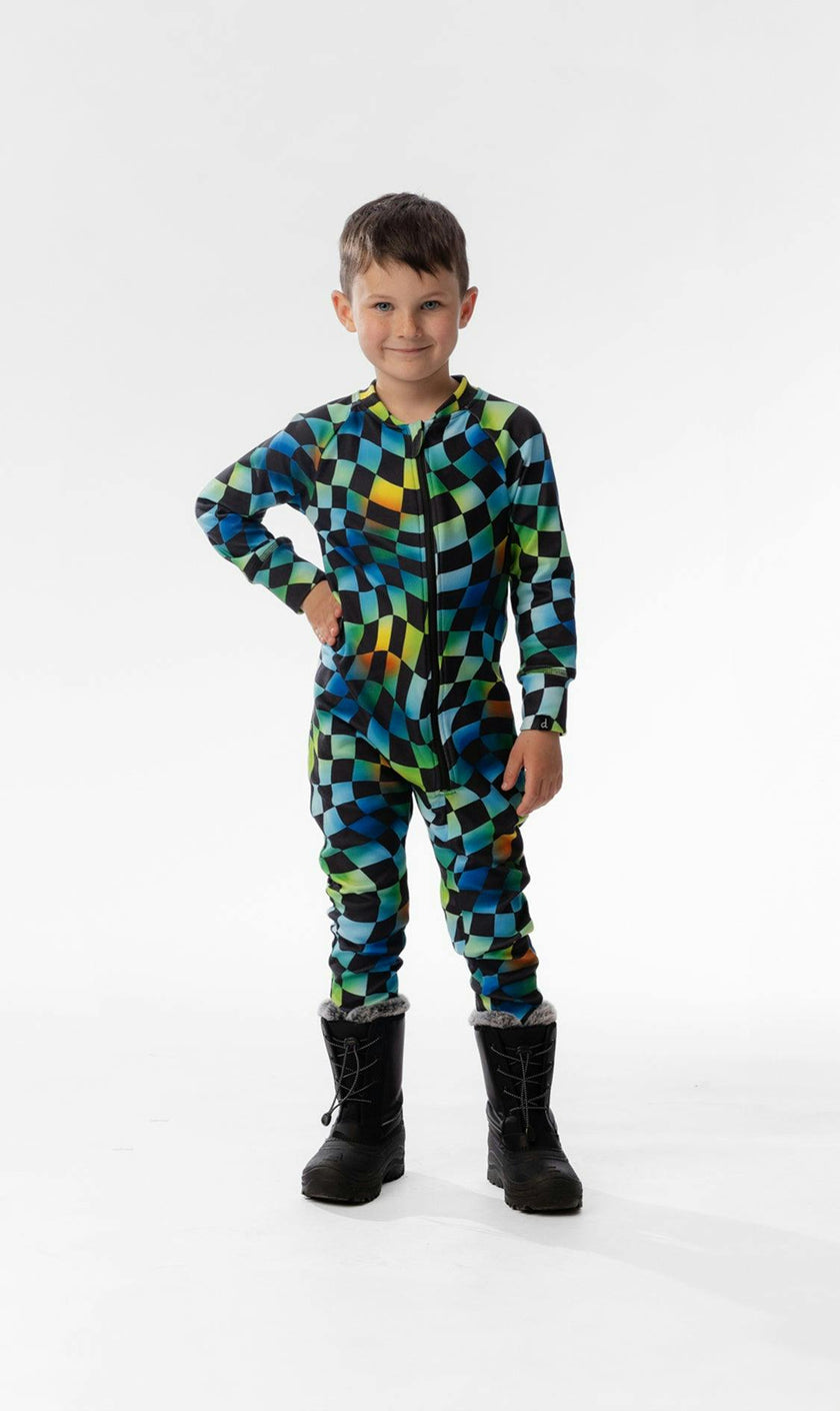 One Piece Thermal Underwear Blue Checkered Print