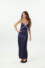 Miller Navy Satin Maxi Dress With Lace Trim