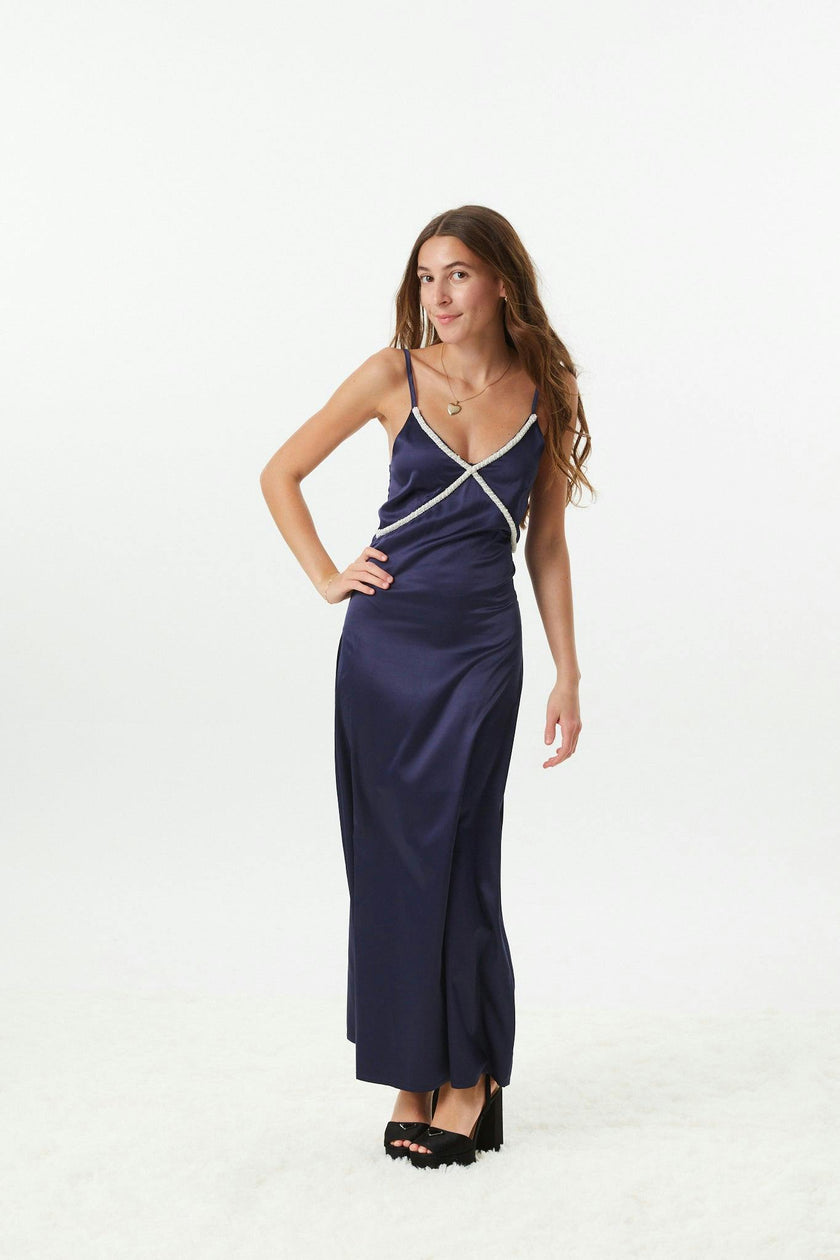 Miller Navy Satin Maxi Dress With Lace Trim