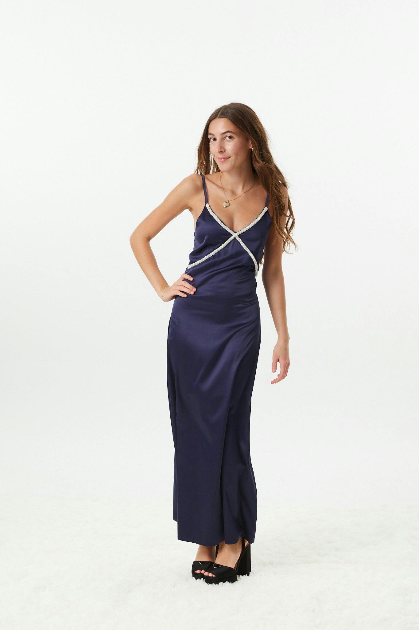 Miller Navy Satin Maxi Dress With Lace Trim