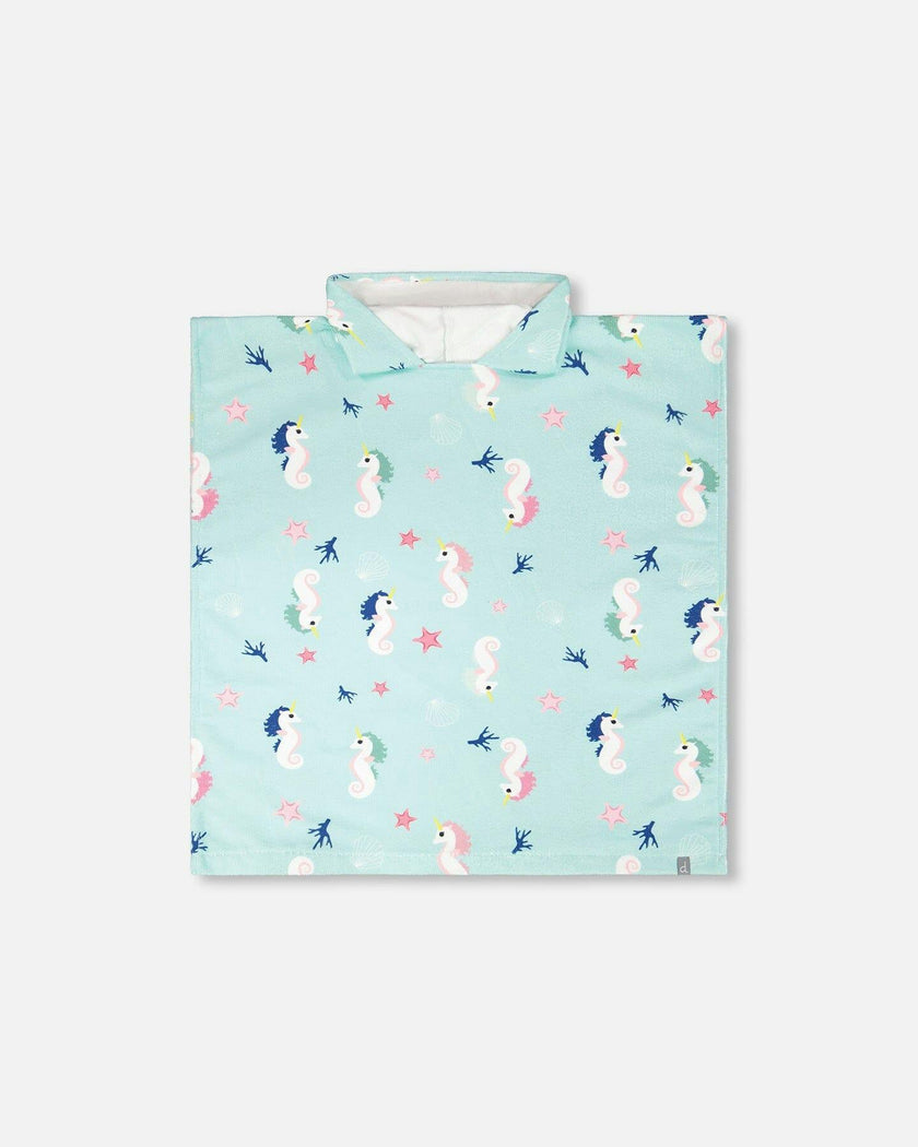 Hooded Beach Towel Blue Seahorse Print
