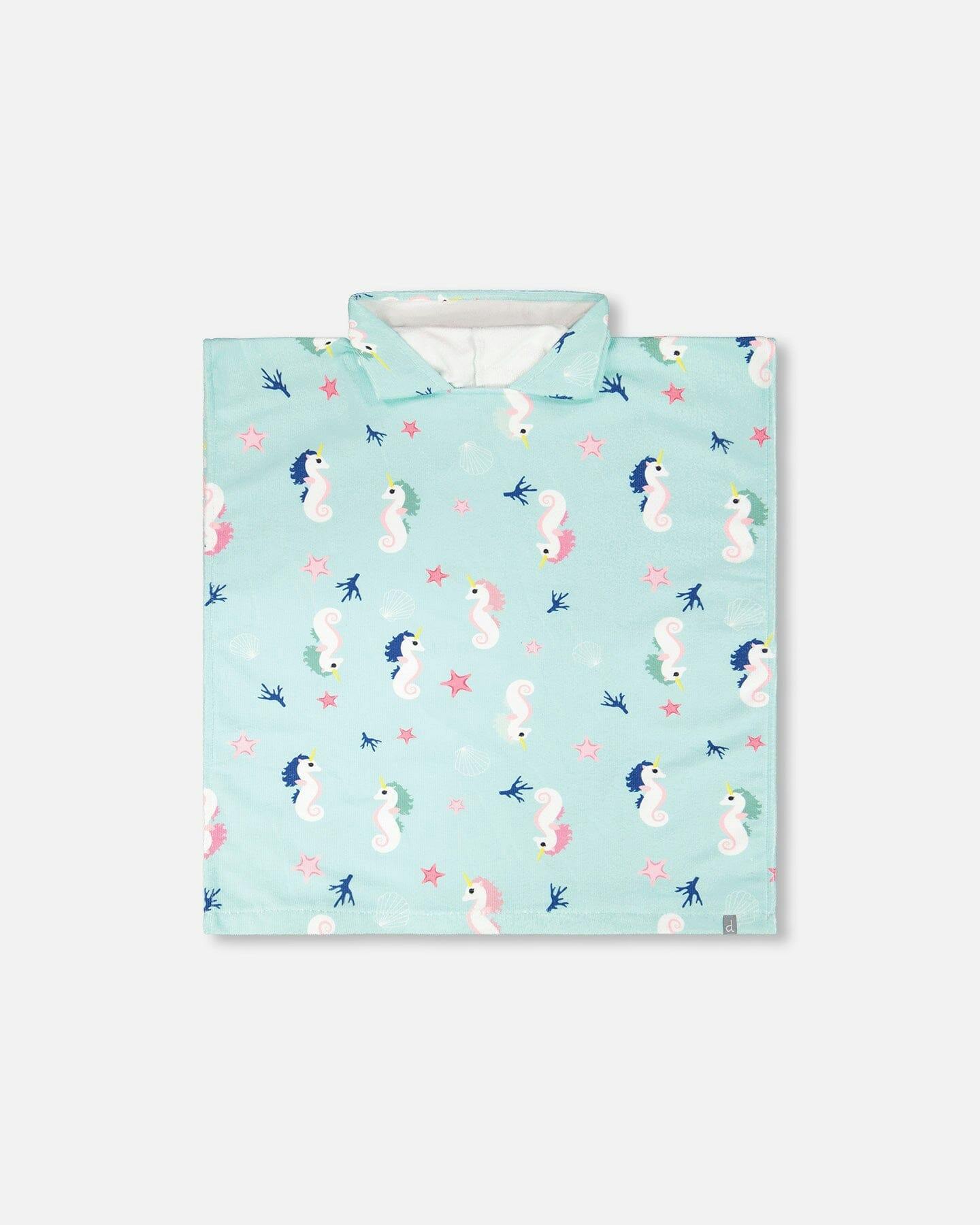 Hooded Beach Towel Blue Seahorse Print