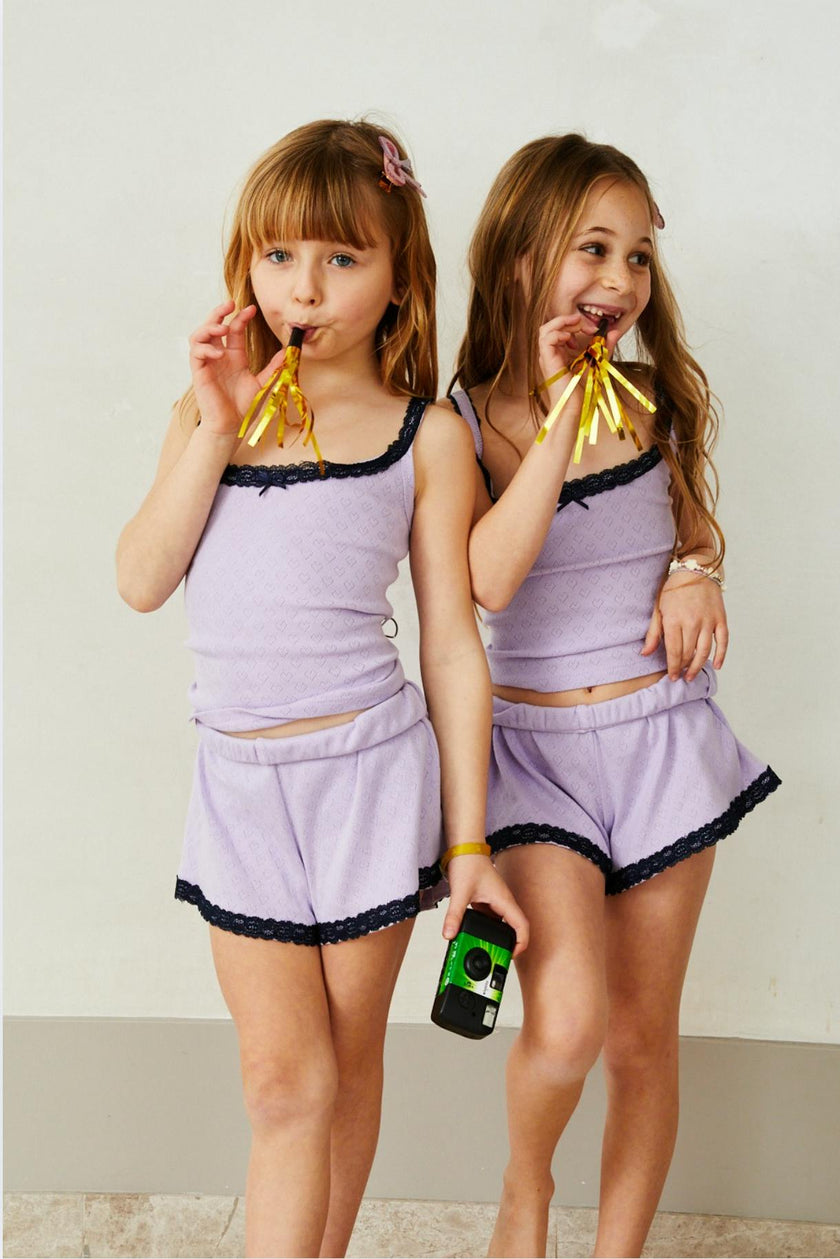 Teddy Lavender Heart Pointelle Shorts with Navy Lace