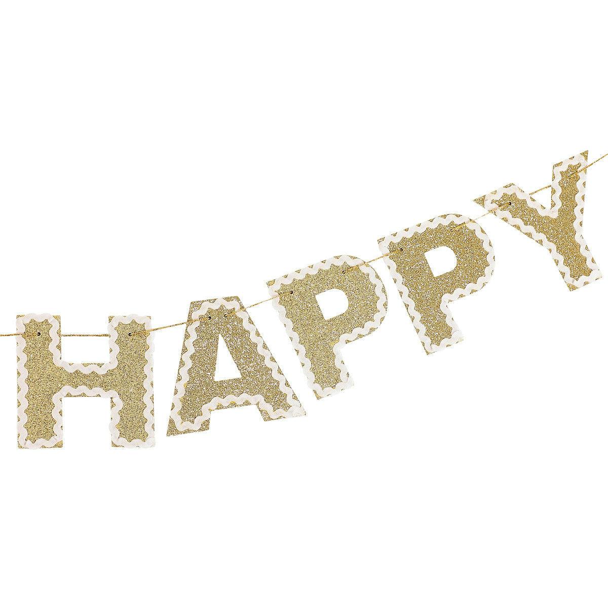 Packed Party Happy Birthday Gold Shimmer Reusable Banner - 80-Inch Glitter Gold Felt Letters with Ric Rac Trim for Birthday Parties and Celebrations