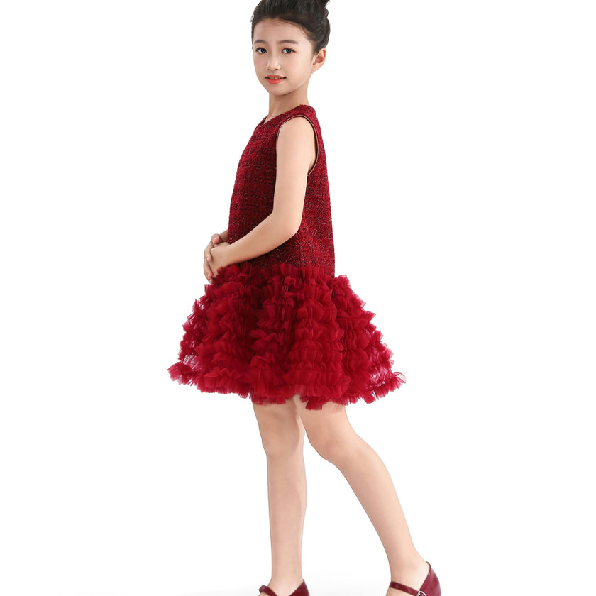 Red Tweed & Tulle Ruffle Dress