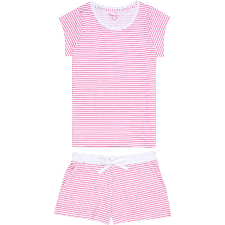 Women's Peony Jersey Short PJ Set - Pink Stripe Organic Stretch Cotton