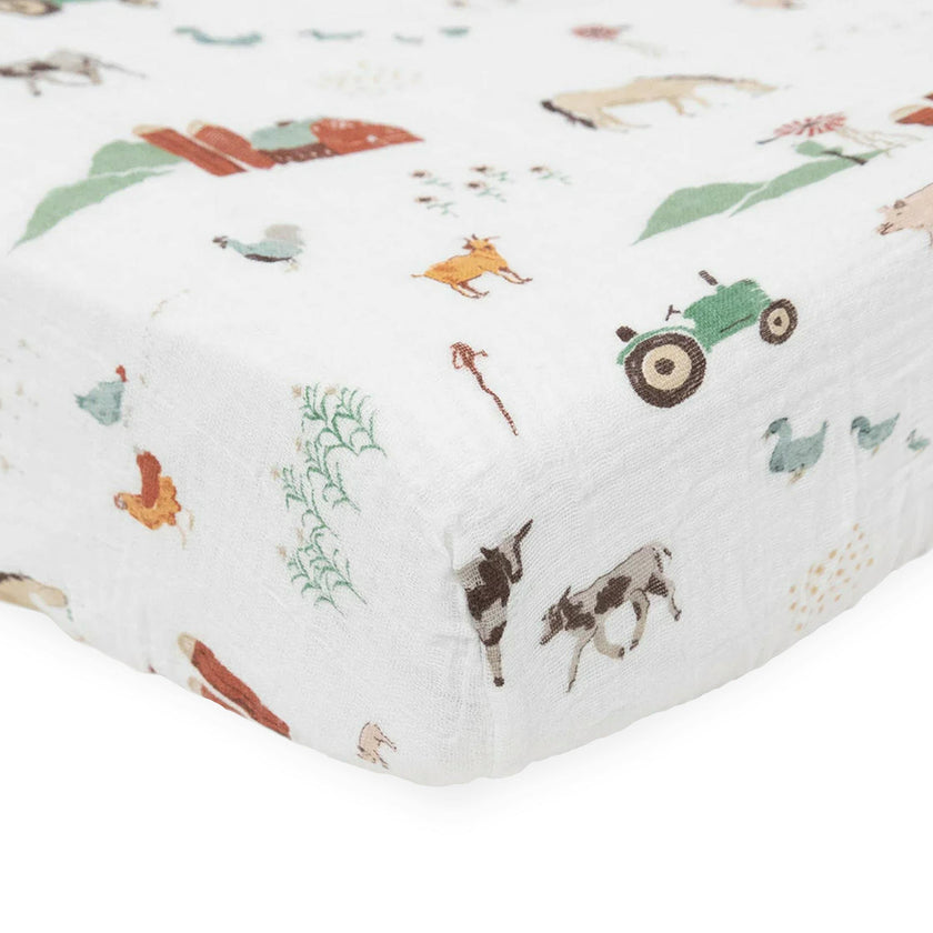 Cotton Muslin Crib Sheet - Farmyard