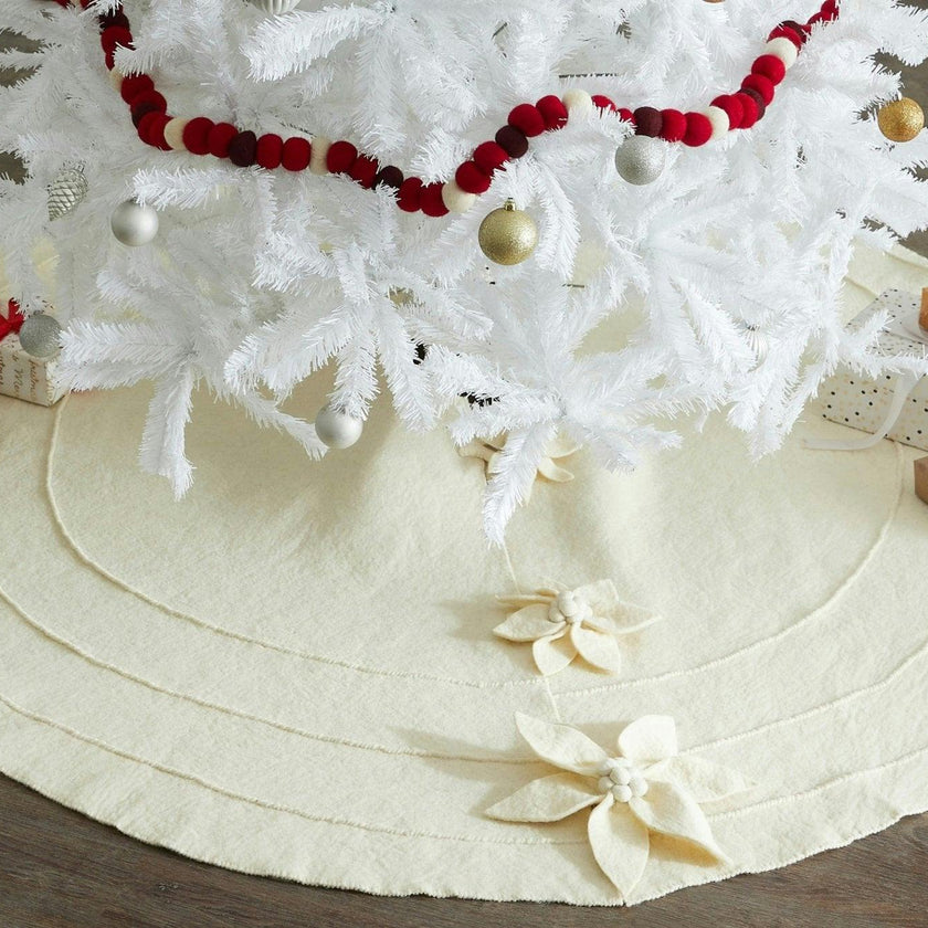 Poinsettia Buttons Cream Hand Felted Wool XL Christmas Tree Skirt 72" Arcadia Home
