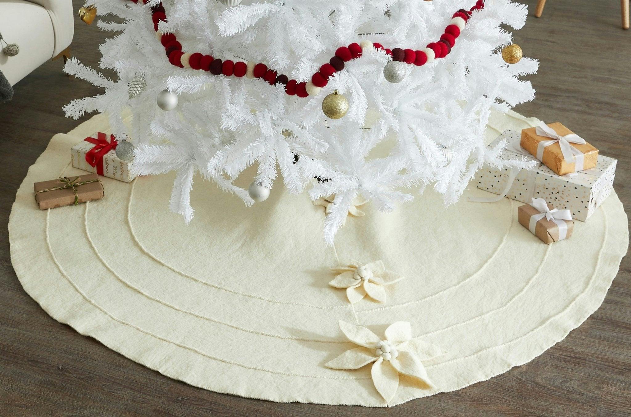 Poinsettia Buttons Cream Hand Felted Wool XL Christmas Tree Skirt 72