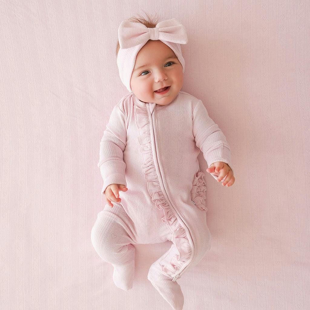 Icing Pink Pointelle Footie Ruffled Zippered One Piece