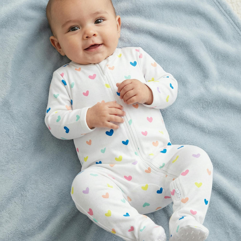 The Organic Zipper Footie [Rainbow Hearts]