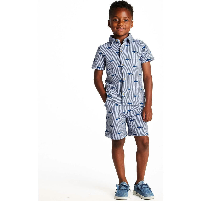 Boys Short Sleeve Cabana Set | Navy Stripe Shark