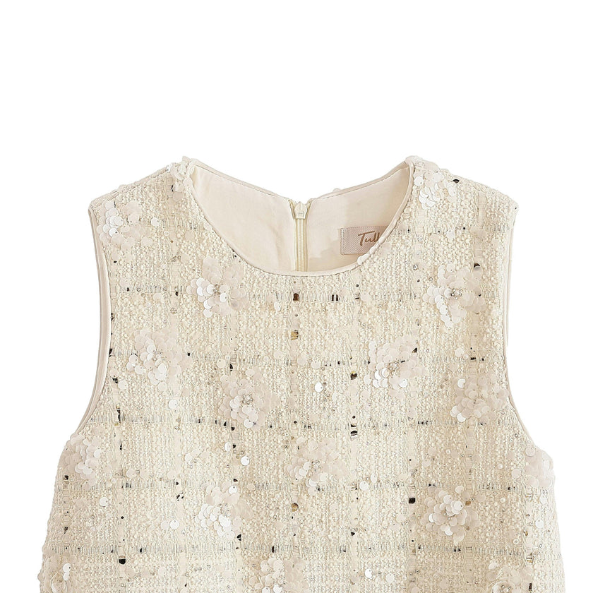 Cream Sequin Feather-Hem Dress