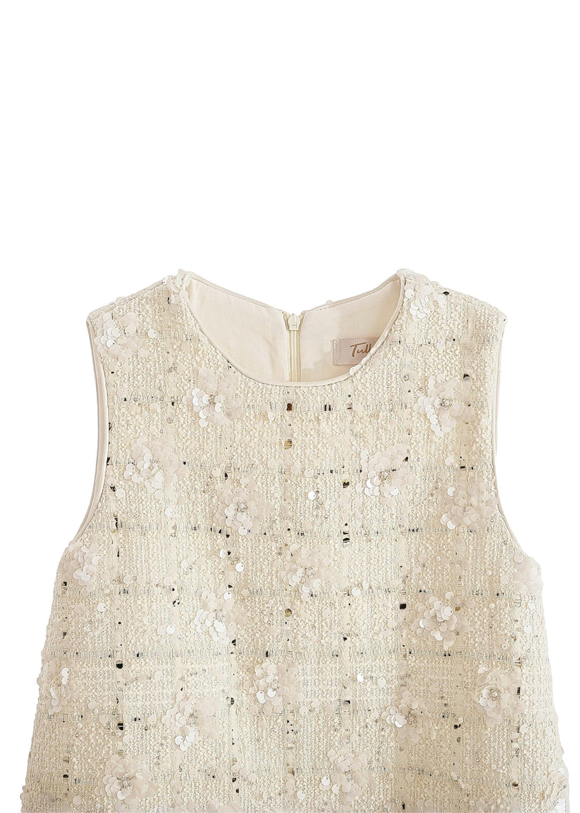 Cream Sequin Feather-Hem Dress
