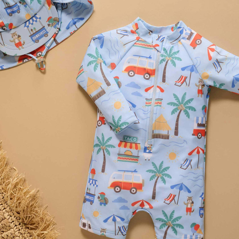 Printed L/S Sunsuit and Hat Cancun Print