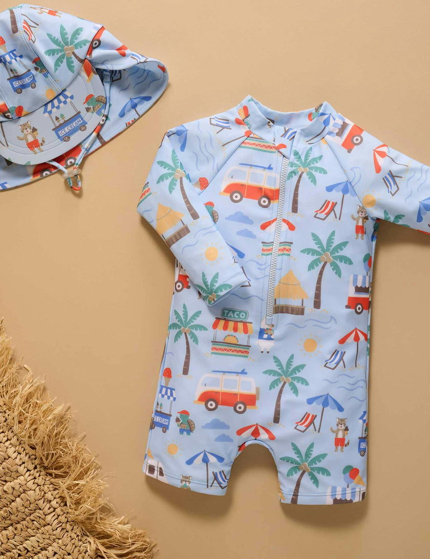Printed L/S Sunsuit and Hat Cancun Print